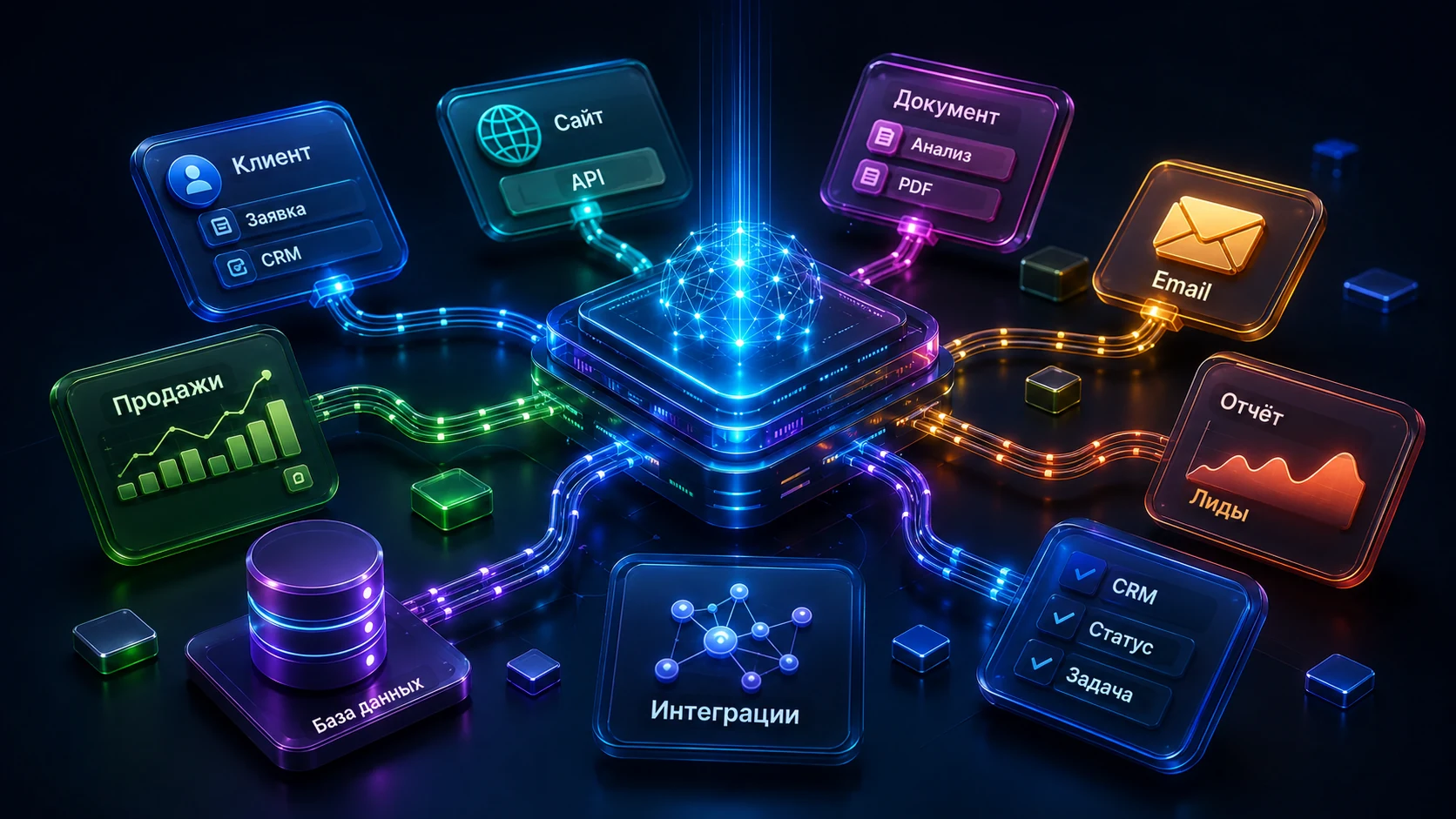AI-интеграции ClientConnect с CRM, сайтом, Telegram, почтой и базами данных